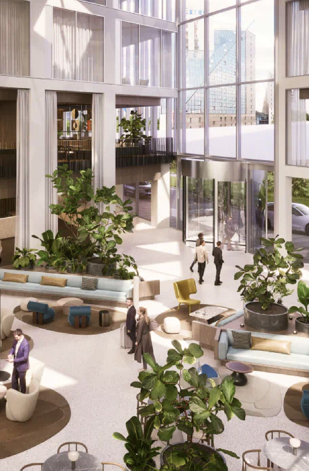 Elegantes Erdgeschoss und Atrium im Estrel Tower mit Pflanzen und Sitzbereichen.