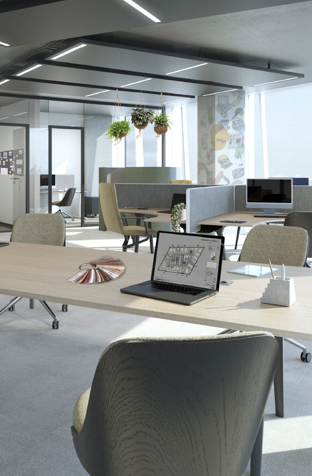 Moderne Bürofläche im Estrel Tower mit Schreibtisch und Laptop.